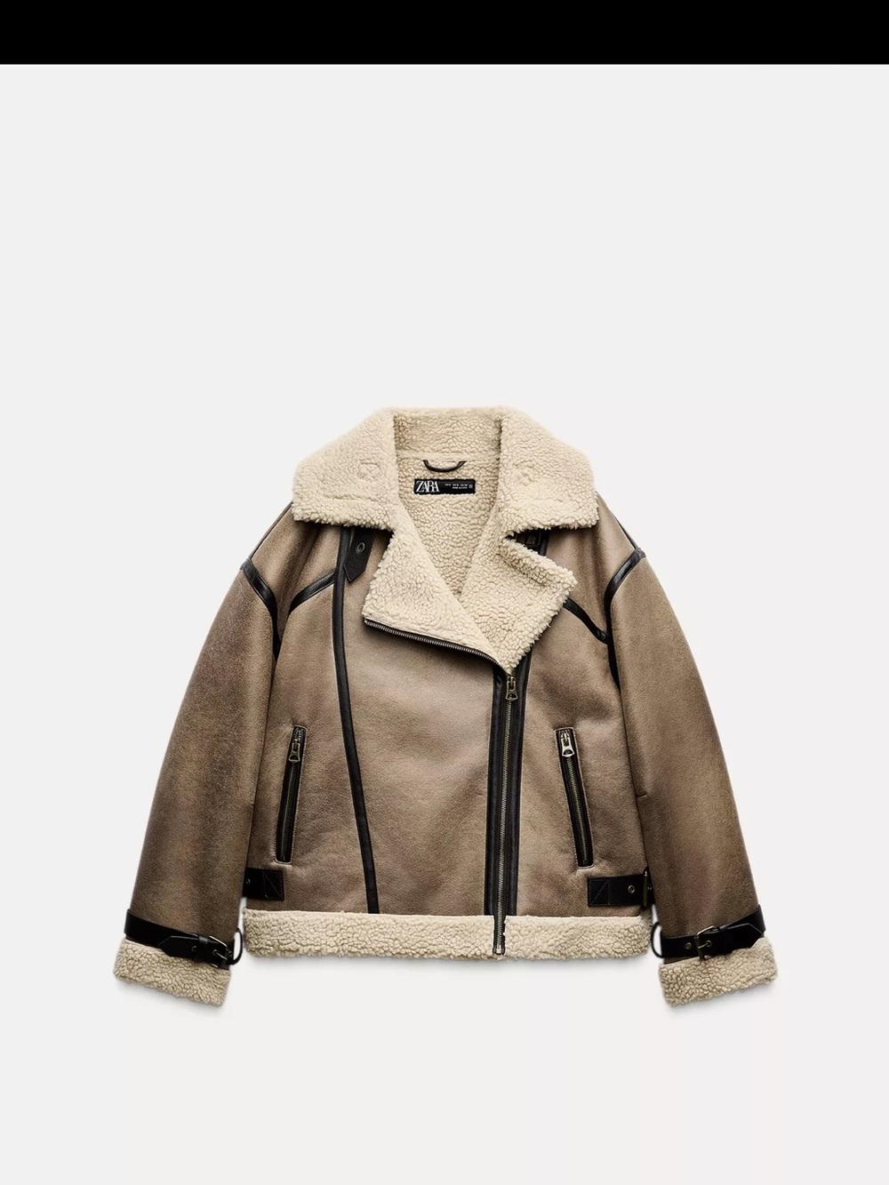 Zara Taupe Faux-Shearling Bomber Jacket with Cream Trim
